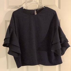 Dark Blue Top with Ruffled Sleeves by Zara Women